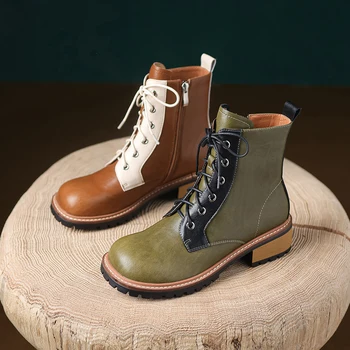 Rudenį ir žiemą Moterims, batai natūralios odos 22-25cm karvės odos pilnas odinis modernus batai Colorblock pusėje užtrauktukus trumpi Batai
