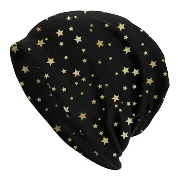 Aukso Žvaigždės Ant Juodo Fono variklio Dangčio Skrybėlės Megzti Skrybėlę Hip-Hop Rudens Žiemos Skullies Beanies Skrybėlę Vyrų ir Moterų Suaugusiųjų Šiltos Kepurės