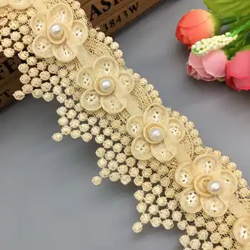 1 Kiemas Aukso China 3D Slyvų Žiedai Pearl Puošnios Nėrinių Papuošimai, Kaspinai Nėrinių Audinio, Siuvinėta Siuvimo PASIDARYK pats Vestuvių Suknelė, 5cm
