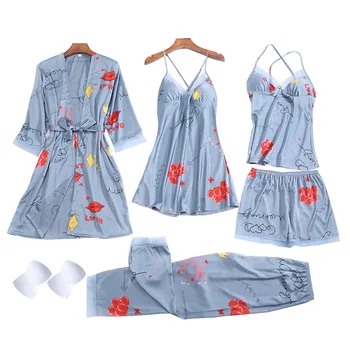 Rožinė Spausdinti Moterų Mantija Rinkiniai Seksualus Kabo Sijonas Pižama Kostiumas Apatinis Trikotažas Prarasti Nighty Namuose Dėvėti Kimono Vonia Sleepwear Namų Suknelė