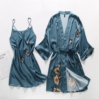 SR097 Drugelis Šilko 2VNT Sleepwear Moterų Nuotakos Apdaras Rinkinys Satin Kimono Miego Suknelė Moterų Nighty Kryžiaus Dirželis Pižamą Namų Drabužiai