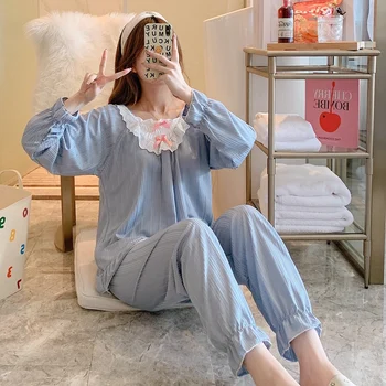 2022 m. Pavasarį, Rudenį Mielas Nėrinių Princesė ilgomis Rankovėmis Pajama Komplektai Moterų Sleepwear Kostiumas Pyjama Homewear Pijama Mujer Namų Drabužiai