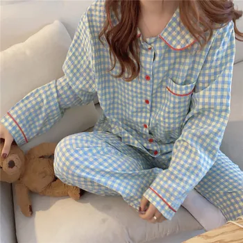 medvilnės pižama moterims sleepwear 2 dalių komplektas pledas atsitiktinis kelnės pižamos ilgomis rankovėmis ponios namų drabužių kišenės naktį kostiumas D062
