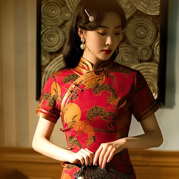 Mandarinų Apykaklės Cheongsam Pusės Split Raudona Retro Qipao Suknelė Moterims, Ilgai Oficialią Šalies Suknelė Vintage Mygtuką Vestidos Kinijos Suknelės