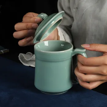Kavos Puodelis Teacup su Dangteliu 13.5 oz Porceliano Puodelio Pieno Keramikos Drinkware Kinijos Celadons Mikrobangų krosnelėje ir plauti Indaplovėje