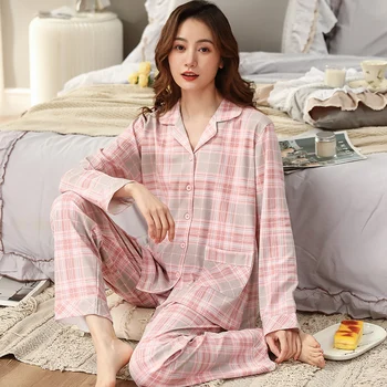 Korėjos Pledas Spausdinti Moteriška Pižama Nustatyti, Rudenį, Žiemą Ilgomis Rankovėmis Laisvalaikio Sleepwear Moterų Prarasti Naktiniai Drabužiai Medvilnės Homewear Kostiumas