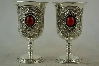 Rankų darbas Miao Sidabro Drožyba Modelį & Apdaila Raudona Granulių Vyno Taurės metalo rankdarbiai
