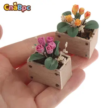 1:12 Miniatiūriniai Lėlių Tulip Gėlių Vazoninių Augalų Medinis Kvadratinis Vazonas Augalų Puodą Modelis Sodo Dekoro Gyvenimo Scenos Dekoras Žaislas