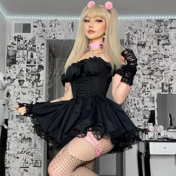 Gothic Black Japanese Lolita Princess Seksuali Mini Bad Girl Dress Kawaii Aukšto Juosmens Sluoksniuotos Rankovėmis Raukiniai, Nėriniai Balta Šalies Moterų Apdaras