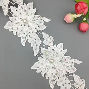 1 kiemas 9x14CM White Pearl 3D Gėlių Lapų Išsiuvinėti Nėriniai Apdailos Juostelės Audinio Siuvimo Reikmenys Amatų 