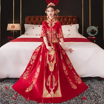 Derliaus Phoenix Siuvinėjimo Qipao Kinijos Moterų Vestuvinė Suknelė Raudonos Spalvos Klasikinis Mandarinų Apykaklės Cheongsam