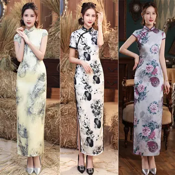 Elegantiškas Qipao Ilga Suknelė Balta Rytų Kinijos Tradicinės Derliaus Trumpomis Rankovėmis Plius Dydis Paplūdimio Prom Vakare Šalies Gėlių Suknelė