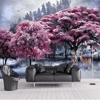 Milofi užsakymą 3D didelės sienos popieriaus neaustinis audinys rožinės spalvos miškų didelis medis briedžių kraštovaizdžio fone sienų tapyba