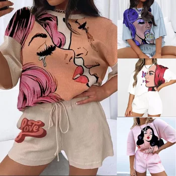 Moterų Pižama Atsitiktinis Palaidų Komiksų Modelis T-marškinėliai su Raišteliu Kelnės Lounge Homewear Nustatyti Moterų Komfortą naktiniai drabužiai Vasarą