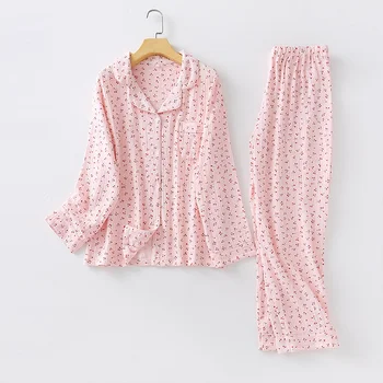 Medvilnės Moterų Pižama Print Multi Spalvos, ilgomis Rankovėmis Kostiumas kelnės Homewear Megztinis 2-piece Set Sleepwear Moterų Pyjama Rinkinys