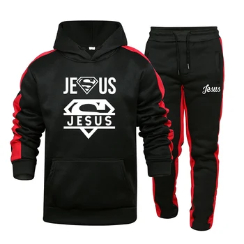 Rudenį Jėzus Mens Sportiniai Megztiniai su Gobtuvu ir Sweatpants Aukštos Kokybės Vyriška Kasdien Atsitiktinis Sporto Hoodie Bėgiojimas Kostiumas