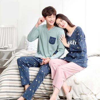 Moterų ir vyrų naujas korėjiečių ilgomis rankovėmis kelnės 2019 m. pavasarį ir rudenį porų medvilnės mielas vyrų ir moterų pajama komplektai pižama