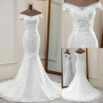 Naujas undinė vestuvių suknelės, elegantiškas vestuvių suknelės gėlių modelio chalatas de mariee valtis kaklo nuotakos suknelė santuokos aplikacijos